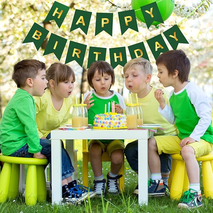 Green Happy Birthday Banner,Dark Green and Gold Party Decorations Sigh for Decor,Backdrop Birthday Party Supplies,No DIY for Girls Boys Kids and Women Party Hanging(Pre-Strung,16ft)