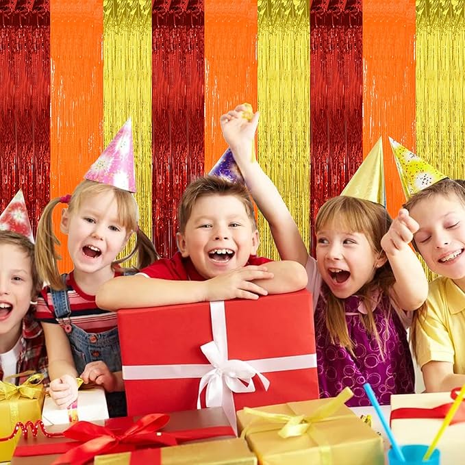 BEISHIDA 3Pcs Red Orange Gold Door Streamer Thanksgiving Day Backdrop Foil Fringe Tinsel Curtains Backdrops for Birthday Thanksgiving Fall Autumn Harvest Party New Year Decoration (3.28 ft x 6.56 ft)