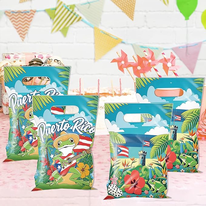MOIZYNG 50Pcs Puerto Rico Gift Bags with Handles, Tropical Puerto Rican Flag Coqui Frog Plastic Candy Treat Goodie Bags for Birthday Patriotic Festival Party Supplies