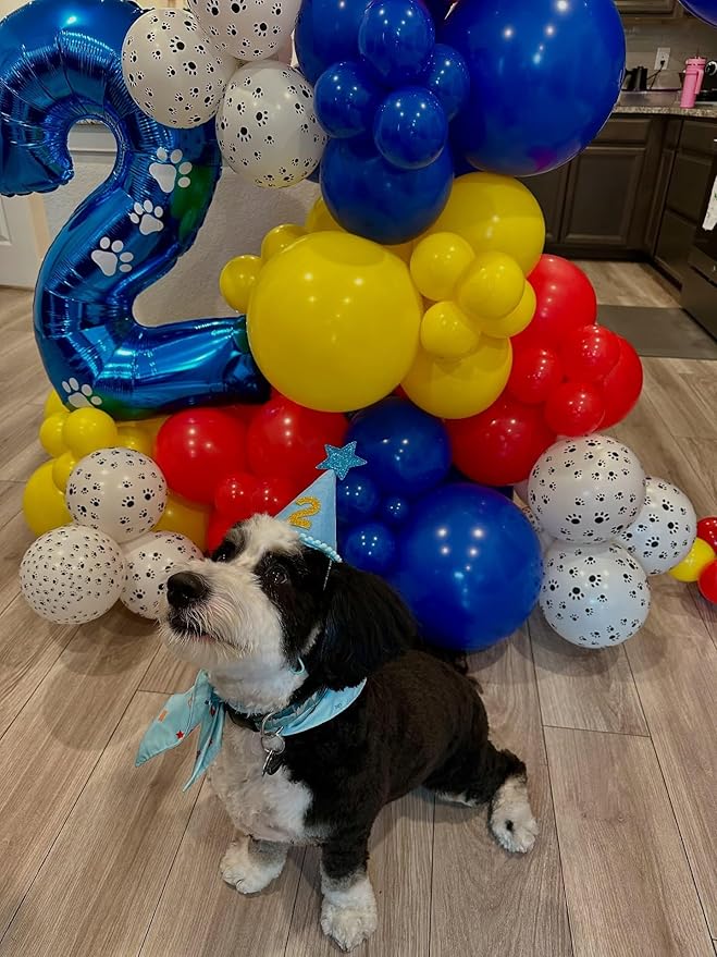Dog Paw Latex Balloons, 50pcs 12 Inches Royal Blue Light Blue Yellow Red Paw Print Balloons with 1 Ribbon for Dog Birthday Party Decorations