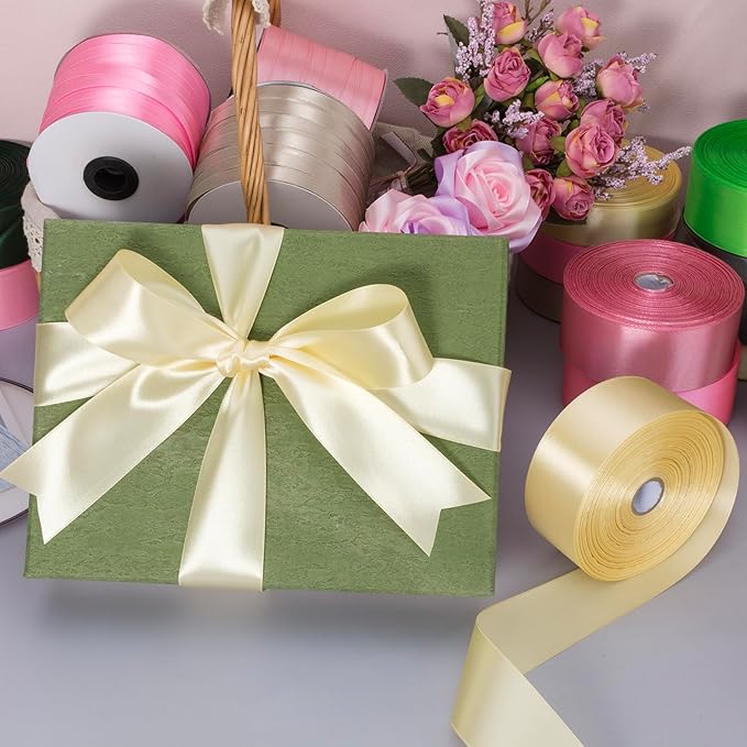 YASEO 1 Inch Cream Yellow Solid Satin Ribbon, 50 Yards Craft Fabric Ribbon for Gift Wrapping Floral Bouquets Wedding Party Decoration