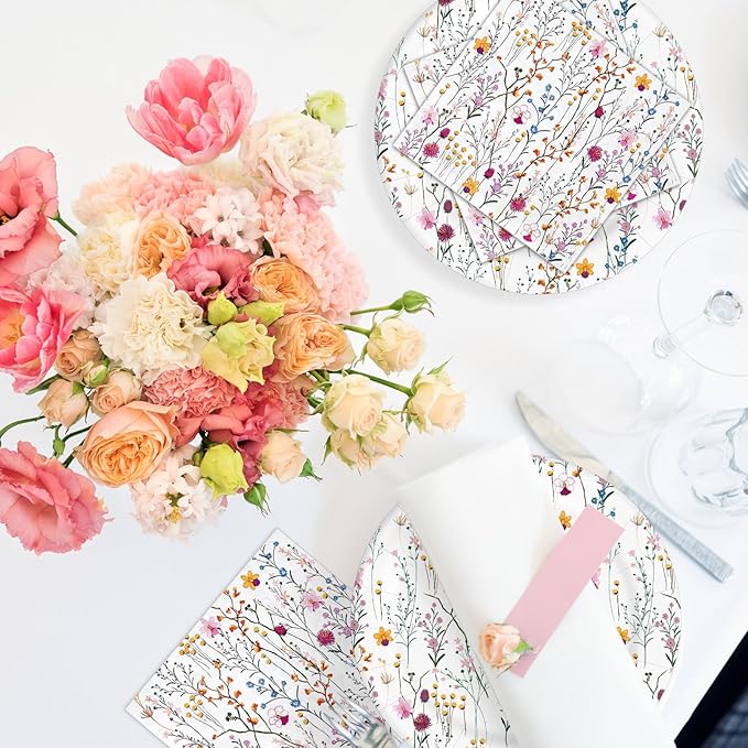 Whaline 100pcs Floral Party Supplies Kit Serves 50 Wildflower Paper Plates and Napkins Flower Disposable Tableware Decorative Dinnerware Set for Spring Picnic Wedding Birthday Baby Shower Party