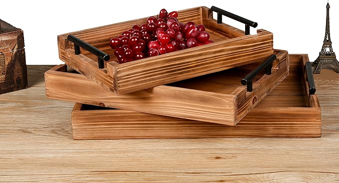 Coffee Table Tray Decorative Nested Vintage Wood Serving Tray Set for Eating, Breakfast, Party, Kitchen, Ottoman,Tea Coffee Table Large Ottoman Trays (Wood, 3Pc)