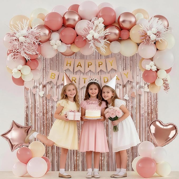 Boho Dusty Pink Birthday Decorations for Women, Happy Birthday Party Decorations, Happy Birthday Banner, Retro Pink Nude Ivory White Sand Balloons, Paper Pompoms, Heart Garland, Party Decor for Girls