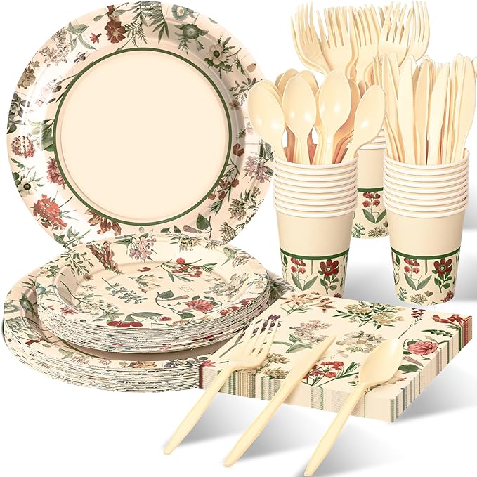 Roshtia Floral Party Supplies Set for 50 Guests - Watercolor Flowers Paper Plates & Napkins, Disposable Dinnerware for Women & Girls Birthday, Vintage Tea Party & Baby Shower Tableware