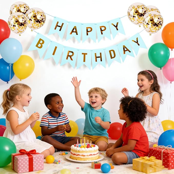 Happy Birthday Banner Sign Bunting Hanging Decorations with Shiny Gold Balloons Birthday Party Sign Decor for Party Supplies(Blue)