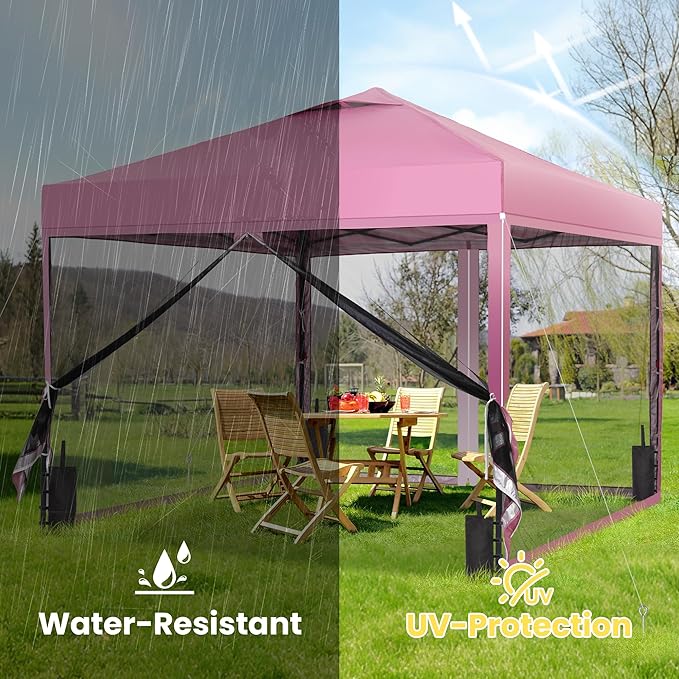 GDY 10x10 Pop up Canopy Tent with Mosquito Netting, Easy up Gazebo for Patio, Camping and Garden, Includes 4 Sandbags, Pink