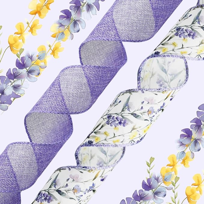 Lavender Floral Wired Ribbon Set, 2 Rolls 2.5 Inch Wide, 10 Yards Total, Rustic Lavender Burlap Ribbon for Wedding Decor, Baby Shower, Wreaths, Spring Summer Home Decor, Mother's Day Decor