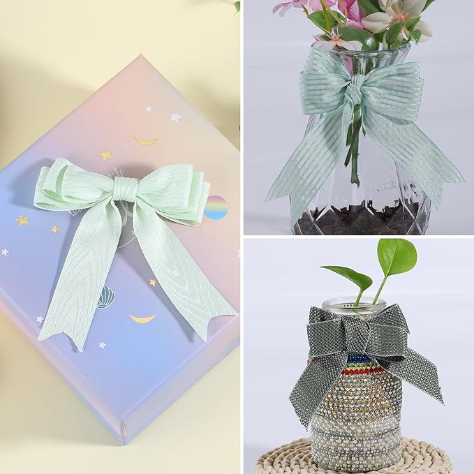 BEEFLYING 3 Styles Green Wire Edged Ribbons for Gift Wrapping Decoration 25~28mm×2.7m Stripe Ribbons Satin Ribbons for Wedding Party Decoration Hair Bows Flower Designs Sewing and Craft, 9 Yards