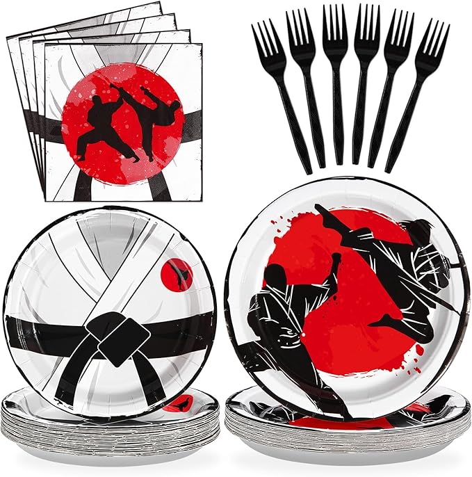 Grencian 96 Pcs Karate Party Supplies Disposable Karate Themed Plates and Napkins Tableware Sets Karate Birthday Decorations for Boys Ninja Birthday Party Decorations Martial Arts Favors Serves 24