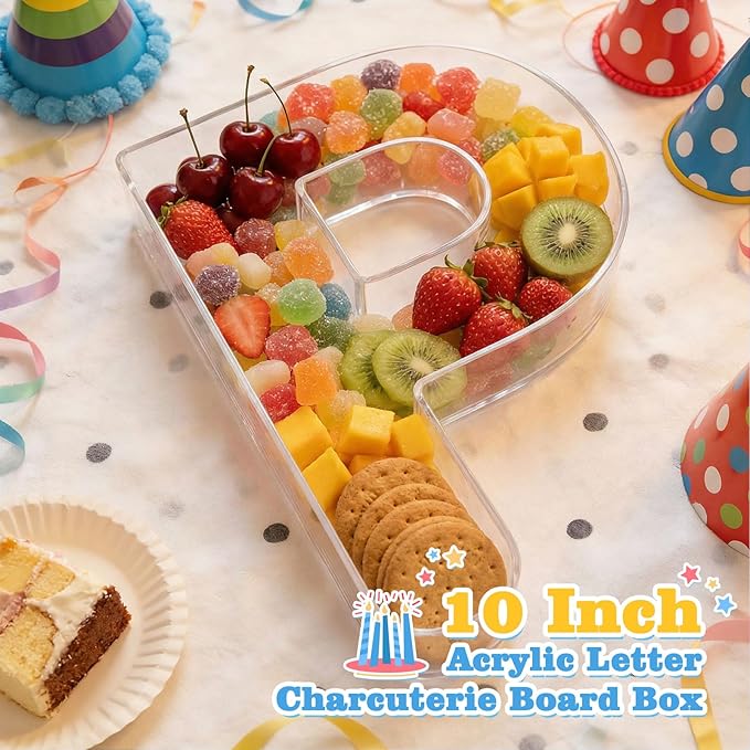 Ledido 10’’ Acrylic Letter Charcuterie Board Box, Reusable Fillable Serving Tray for Candy Cake Fruit Snack, Easy-Clean Acrylic Charcuterie Tray for Birthday Anniversary Party Decorations, Letter P