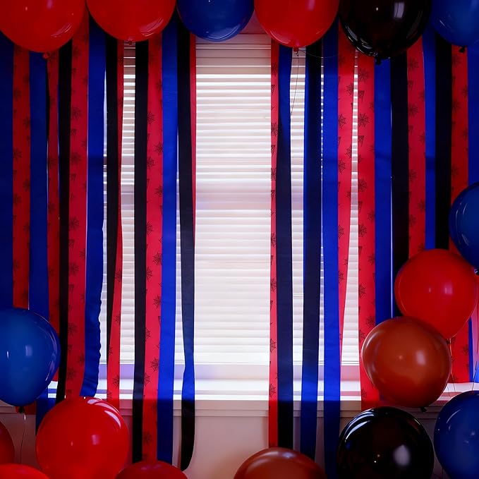 Spider Crepe Paper Streamers 12 Rolls 984ft Crepe Paper Streamers for Spider Theme Birthday Baby Shower Graduation Party DIY Backdrop Decorations, 1.8 Inch x 82 Ft/Roll (Black Blue Red, 12 Rolls)