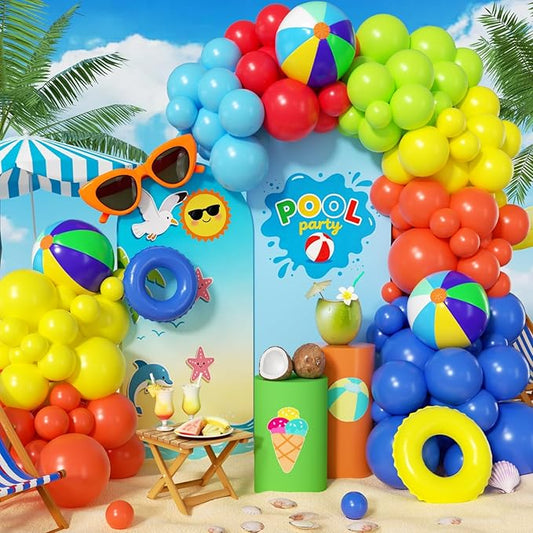 Pool Beach Party Decorations 160Pcs, Hawaiian Tropical Pool Balloon Garland Arch Kit with Beach Ball for Hawaiian Birthday Summer Luau Outdoor Pool Party Baby Shower Gender Reveal Party Decor