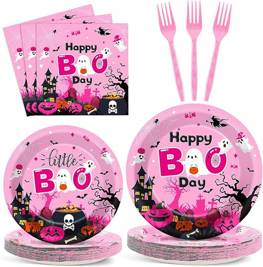 96Pcs Halloween Happy Boo Day Party Supplies - Pink Ghost Pumpkin Paper Plates, Napkins, Dinnerware & Party Favors - Serves 24