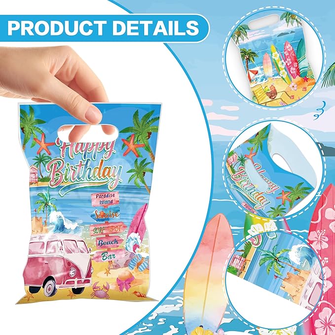 MOIZYNG 50Pcs Beach Birthday Gift Bags with Handles, Vintage Summer Surfing Surfboard Plastic Candy Treat Goodie Bags for Girls Hawaiian Surf Birthday Party Favors Supplies
