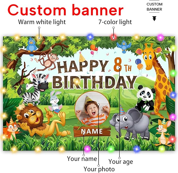 Custom Lion Elephant Zebra Birthday Decorations Supplies,Personalization Giant Panda Fox Rabbit Monkey Theme Birthday Decorations,Jungle Safari Party Decorations Happy Birthday Banner Background