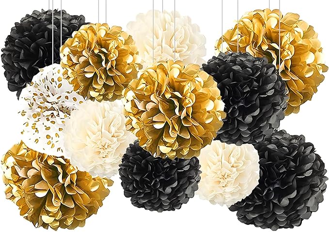 2026 New Year Deco,12Pcs Gold Black Hanging Tissue Paper Pom Poms,Pompoms Flowers for Ceiling Party Decorations