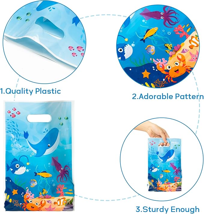 50Pcs Animal in the Sea Party Favor Bags Ocean Themed Plastic Waterproof Goodie Bag with Die Cut Handle Whale Shark Rectangular Gift Pack for Kids Birthday Baby Shower Decoration Supplies