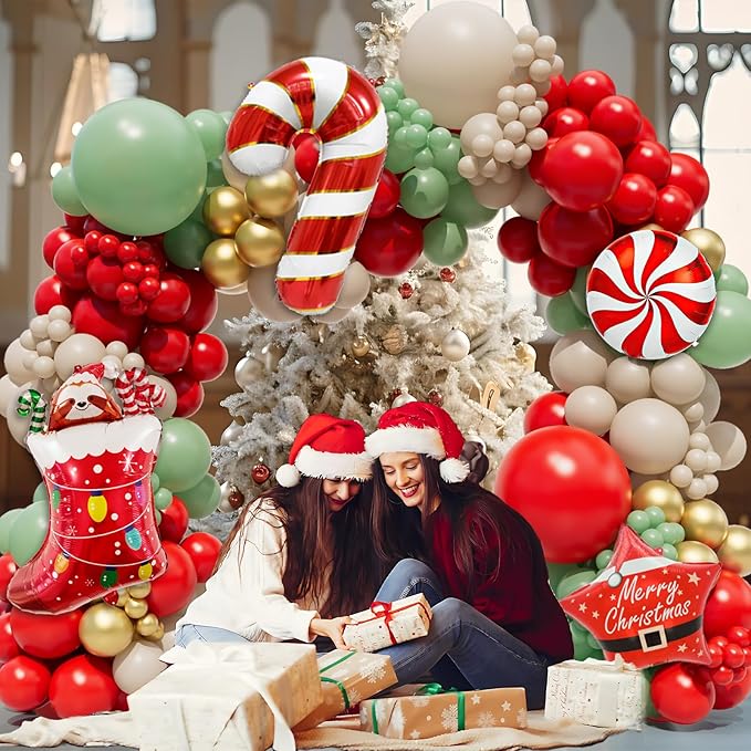 Christmas Balloon Arch Garland Kit 159pcs Red Sage Green Gold Balloons With Candy Cane Swirl Christmas Stocking Foil Balloons Friendsmas Santa Ugly Sweater Party Decorations
