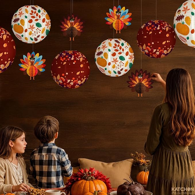 KatchOn, Thanksgiving Hanging Decorations - Huge Pack of 10 | Paper Lanterns and Turkey Decorations | Hanging Thanksgiving Decorations | Friendsgiving Party Decorations, Fall Decor, Harvest Decoration