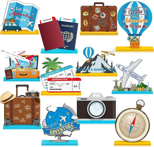 Marsui 12 Pcs Travel Themed Wooden Centerpieces Table Toppers Adventure Awaits Party Decor Travel Around The World Bon Voyage Table Decor Photo Props for Let The Adventure Begin Going Away Party