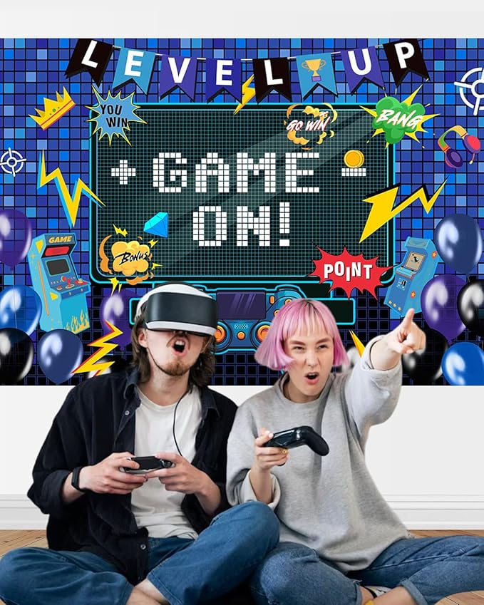 Mocsicka Video Game Birthday Backdrop Game on Happy Birthday Party Decorations Level up Party Background for Photography Wall Decorations Supplies (Game on, 5x3ft(60"x36"))