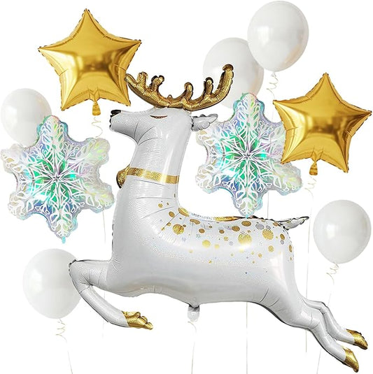Elegant Reindeer Christmas Party Balloons Kit - Large Silver Gold Mylar Deer, Iridescent Snowflake Star Foil Balloon Decorations for Winter Wonderland Holiday Birthday Decor, Easy to Inflate.