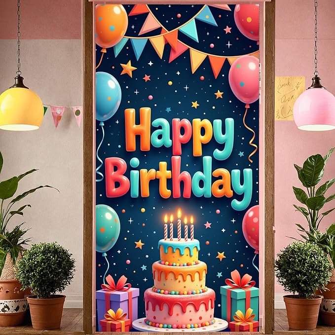 Colorful Happy Birthday Party Door Cover Banners Sign Decorations Birthday Backdrop Background with Cake Balloon Gift for Bday Party Decor Supplies Decorations Indoor Outdoor Kids Girls Boys