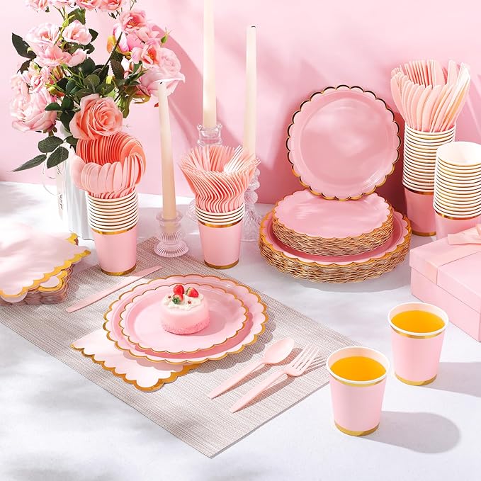 Ziliny 350 Pcs Light Pink Plates and Napkins Party Supplies for Guests Woodland Baby Shower Tableware Include Scalloped Plates Paper Napkin Cup Spoon Fork Knife for Wedding, Birthday