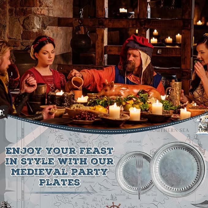Jingmore 180 Pcs Medieval Party Supplies Disposable Pewter Paper Plates and Forks Tableware Set for Pirate Knight Castle Halloween Decorations Dinner Silver Grey 9" and 7'' Serves 60（Retro Style）