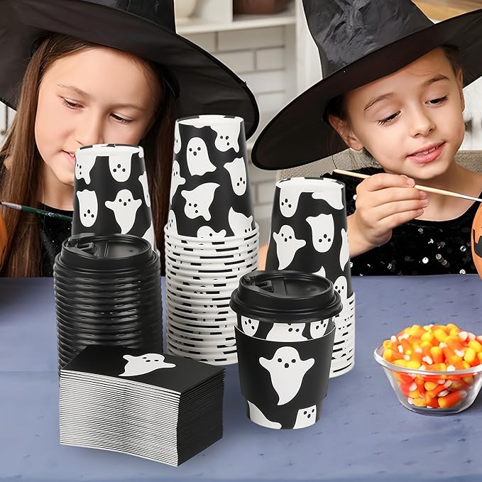 AimFun 50Pcs Halloween Ghost Disposable Coffee Cups with Lids and Sleeves 8oz Ghost Spooky Paper Party Cups Black White Boo Cold Hot Drinking Cups for Birthday Halloween Party Supplies (Black Ghosts)