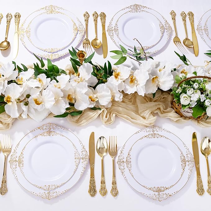 300Pieces Gold Plastic Silverware - Heavy Duty Gold Disposable Utensils - Vintage Plastic Cutlery Set Includes 100 Forks, 100 Spoons, 100 Knives for Dinner Parties Weddings (Pack of 2)