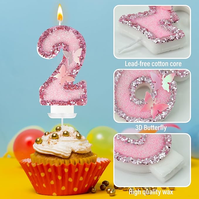 2nd Birthday Candles，Glitter Butterfly Cake Toppers Pink Sequins Wedding Numeral Cupcake Decorations，Suitable for Girl and boy Wedding Cakes, Party Celebrations, Birthday Decorations