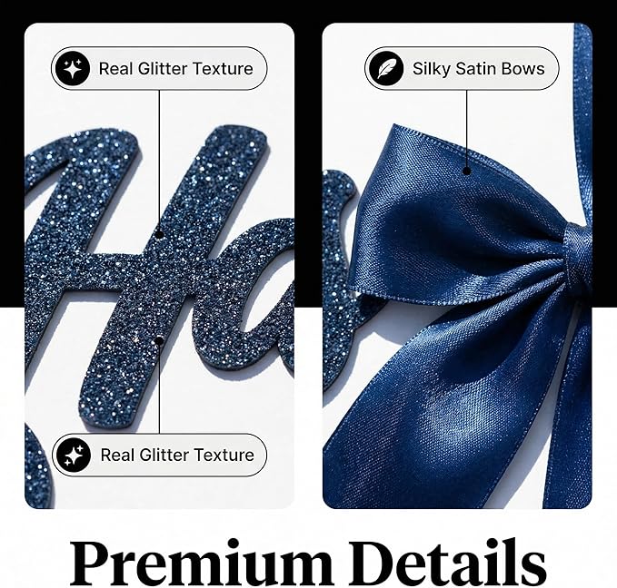 Happy Birthday Banner, Pre-Strung Blue Glitter Birthday Sign with Satin Bows, Pre-Assembled Adjustable Birthday Party Decorations for Women Men Kids Adults, Indoor Outdoor Milestone Birthday Party Supplies