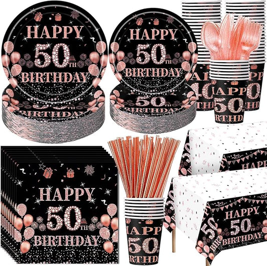 Funnymoom 452 Pcs 50th Birthday Decorations for Women Black and Rose Gold 50th Birthday Paper Plates Cups Napkins Tablecloth Cutlery Straws for Girls Women 50 Year Old Party Supplies for 50 Guests