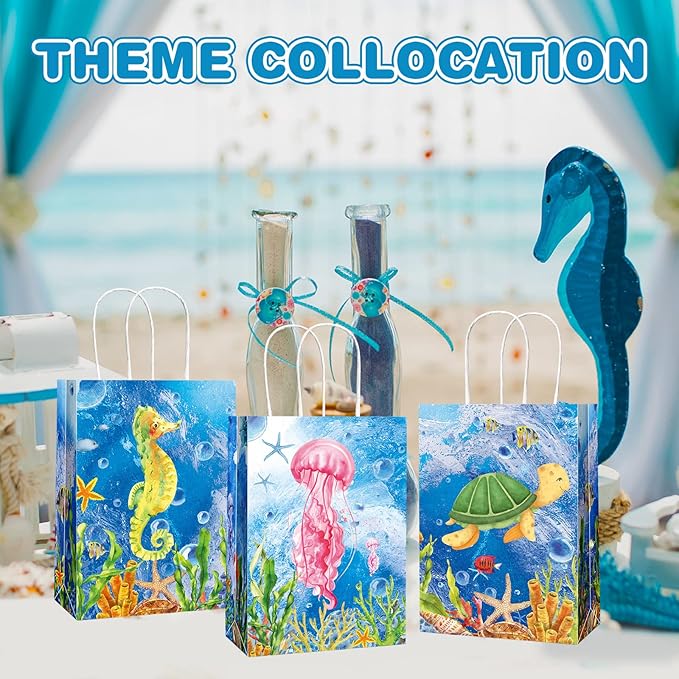 Outus 24 Pcs Sea Animals Party Gift Bags Ocean Undersea Theme Party Goodie Treat Candy Wrap Bags with Handle Colorful for Kids Girls Boys Birthday Decorations