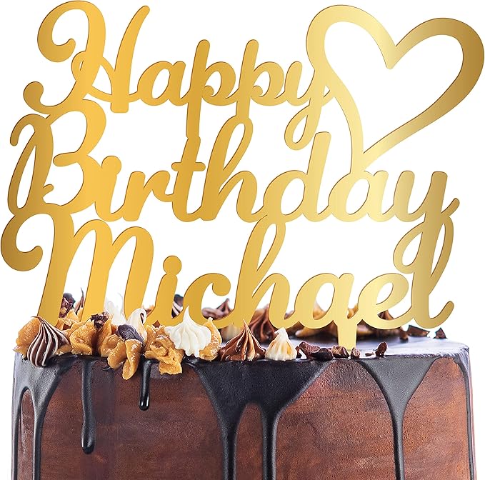 Personalized Birthday Cake Topper - Happy Birthday Cake Toppers w/Name and Heart - Custom Acrylic Cake Decorations, Birthday Cake Topper for Birthday Party - 3 Mirrored Acrylic Colors