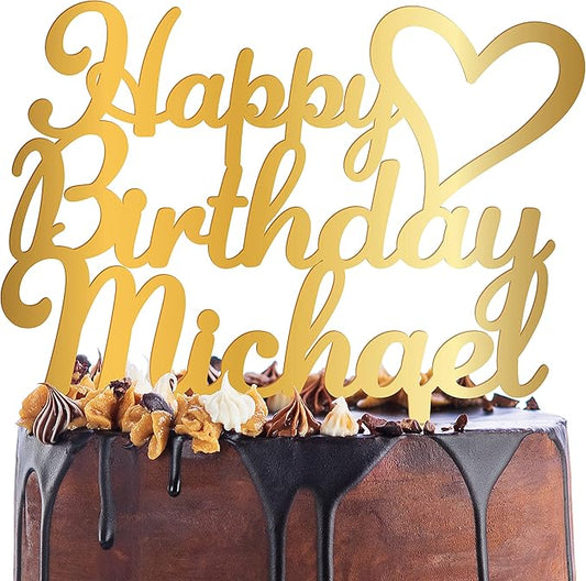 Personalized Birthday Cake Topper - Happy Birthday Cake Toppers w/Name and Heart - Custom Acrylic Cake Decorations, Birthday Cake Topper for Birthday Party - 3 Mirrored Acrylic Colors