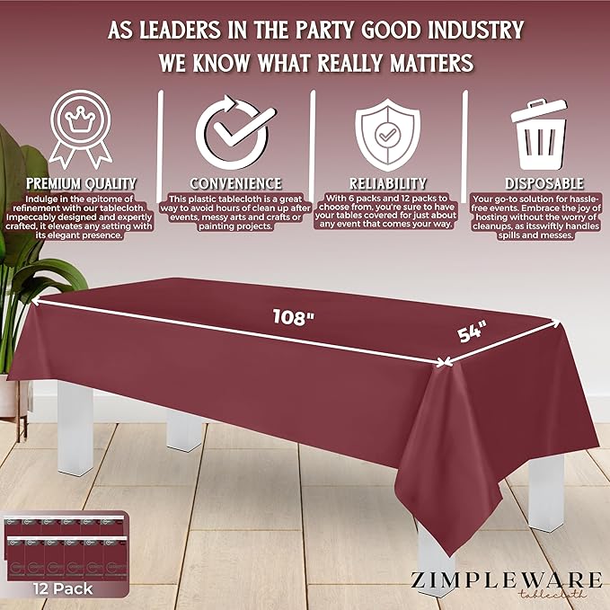 ZIMPLEWARE Premium Burgundy Plastic Table Cloth Disposable (12 Pk) Plastic Tablecloths for Rectangle Tables (54in x 108in) Party Table Cloths Disposable for 6ft to 8ft Rectangle Tables