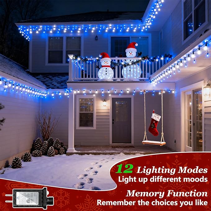 750 LED 240FT Blue White Birthday Party Decorations Ocean Party Decor String Lights with 12 Modes Timer Dimmable, Waterproof Green Wire Christmas Lights Outdoor, Plug in Fairy Lights for Wedding Xmas