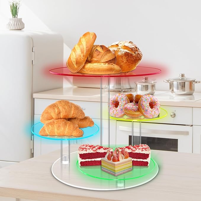 Cake Stand with Rechargable Light, 4 Tier LED Acrylic Cupcake Stand, Round Cake and Cupcake Stand Combo, Clear Tiered Cake Tower Stands for 50 Cupcakes, Display Stand for Wedding Birthday Party