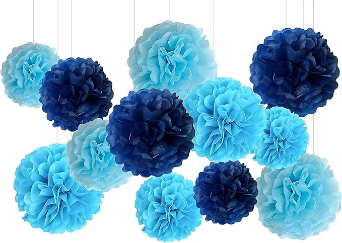 XIKSXITN 12 pc Blue Tissue Paper Pom poms in 3 Colors-Hanging Paper Pom Poms Paper Flowers Ball for Party Decorative(Navy Blue,Blue and Light Blue)