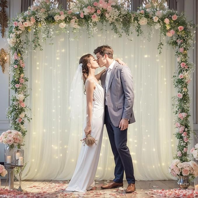 30x8ft Ivory Tulle Backdrop Curtain with Lights String for Parites, Sheer Backdrop Curtains for Wedding Baby Shower Birthday Party Photo Shoot Decorations