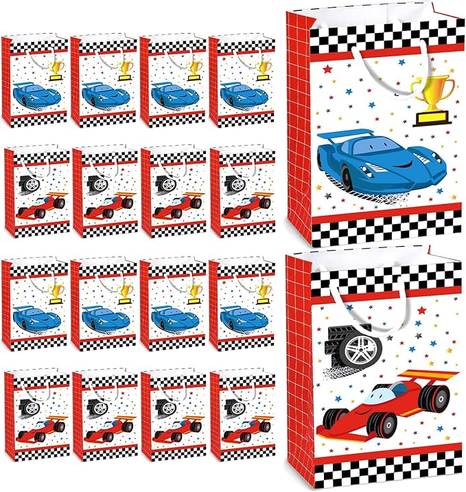 WERNNSAI Party Gift Bags - 16PCS Racing Car Birthday Party Supplies Goodie Candy Gifts Bags Party Treats Racing Car Storage Paper Bag with Handles for Boys Birthday Baby Shower Red