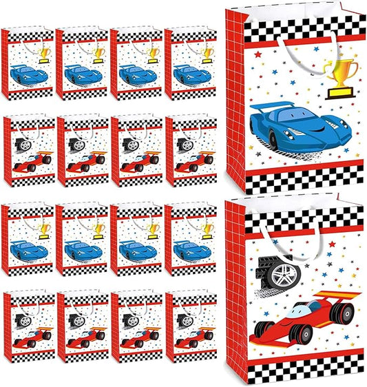 WERNNSAI Party Gift Bags - 16PCS Racing Car Birthday Party Supplies Goodie Candy Gifts Bags Party Treats Racing Car Storage Paper Bag with Handles for Boys Birthday Baby Shower Red
