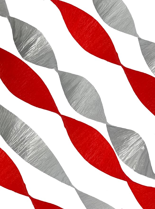 Red and Silver Metallic Crepe Paper Streamers, 4 Rolls Total, Made in USA