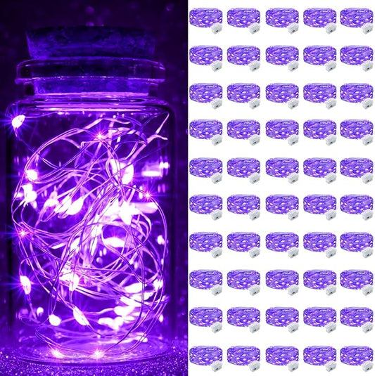 pozzolanas 50 Pack Purple Fairy Lights Battery Operated 3 Modes 7FT 20 LED Waterproof String Lights Twinkle Silver Wire for Mason Jars Wedding Christmas Halloween Part Decor (50, Purple)
