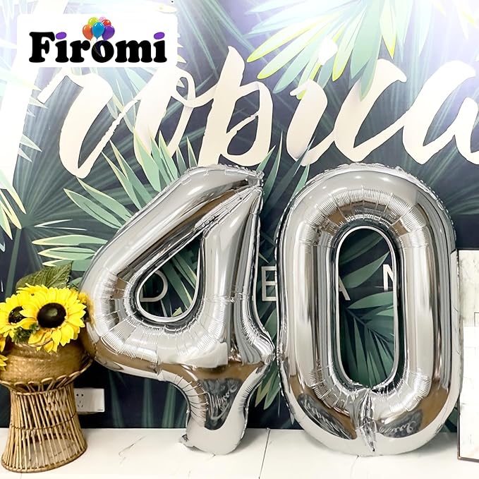 FIROMI 40 Number Balloons Silver Big Giant Jumbo Huge Foil Mylar 40 Balloon Numbers for 40th Birthday Party Anniversary Events Decorations 40-inches