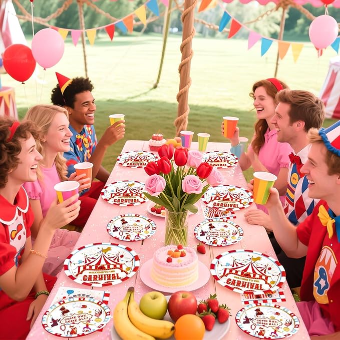 Grencian 200Pcs Carnival Party Decorations Carnival Circus Plates and Napkins Disposable Circus Theme Paper Tableware Set for Birthday Baby Shower Fiesta Party Supplies, Serves 50