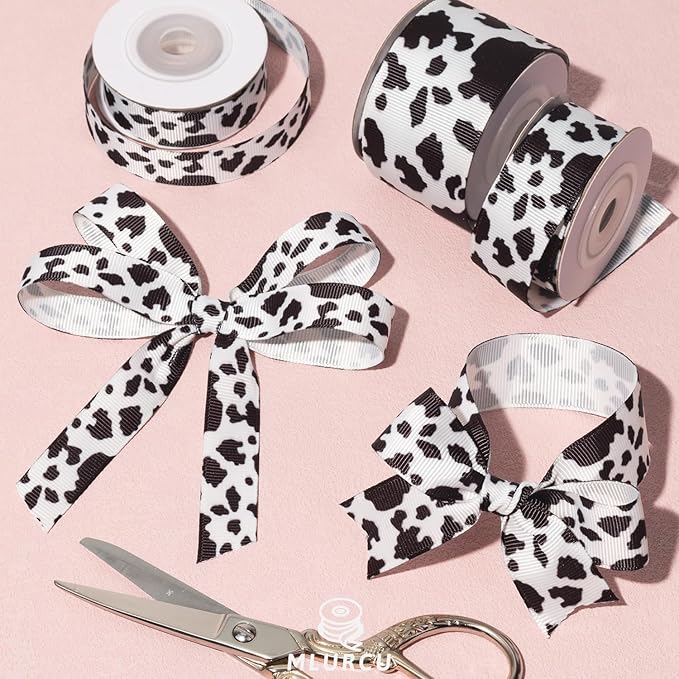 Cow Print Ribbon Set 3 Rolls Animal Print Grosgrain Ribbons 5/8", 7/8", 1.5", Western Farmhouse Barn Party Ribbon for Crafts, Gift Wrapping, Flower Bouquets, Wreaths & Bows, Gift Bag Decoration